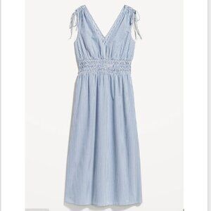 Fit & Flare Sleeveless Striped Tie-Shoulder Smocked Maxi Dress, M Tall